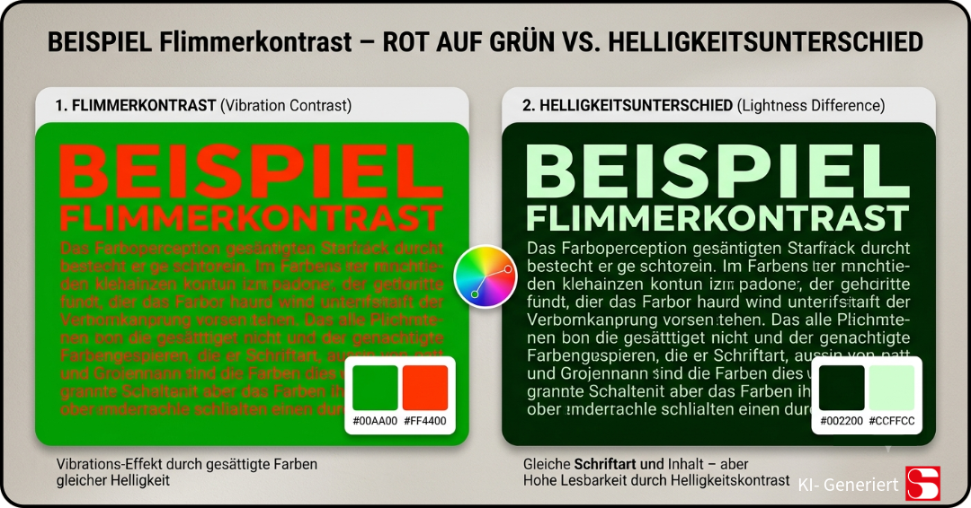 Beispiel Flimmerkontrast – rote Schrift auf grünem Grund vs. gleiche Schrift mit Helligkeitsunterschied