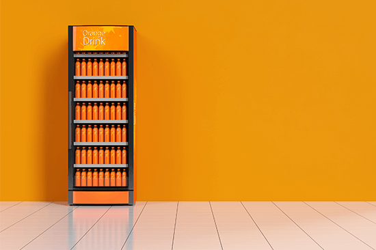 Ein Getränkeautomat vor einer orangenen Wand der Orangenlimonade enthält