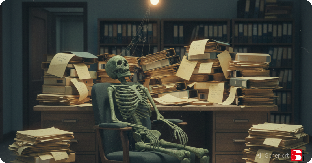 Ein Skelet welches vor Aufträgen versinkt