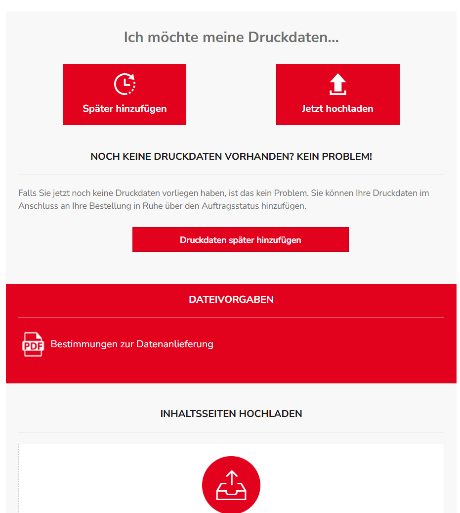 Auswahl Druckdaten jetzt hochladen oder später hinzufügen