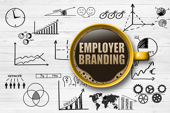 GRafiken und Doodles auf Holz. Eine gelbe Kaffeetasse von oben, zeigt das Word Employer Branding im Milchschaum