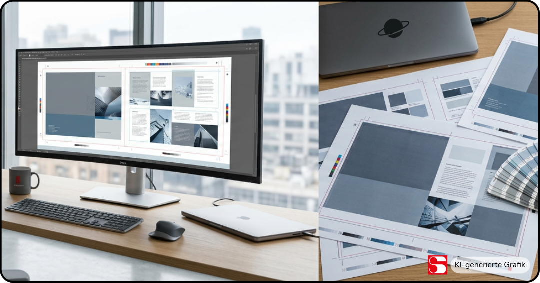 Druckdaten erstellen – Arbeitsplatz mit Layout am Monitor und gedruckten Musterbögen