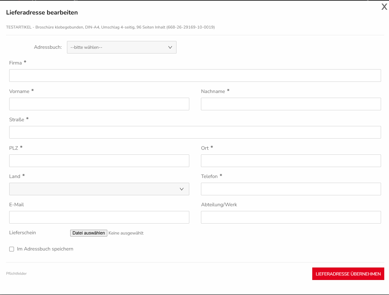 Fenster Lieferadresse bearbeiten mit Adressfeldern, Lieferschein-Upload und Option Im Adressbuch speichern