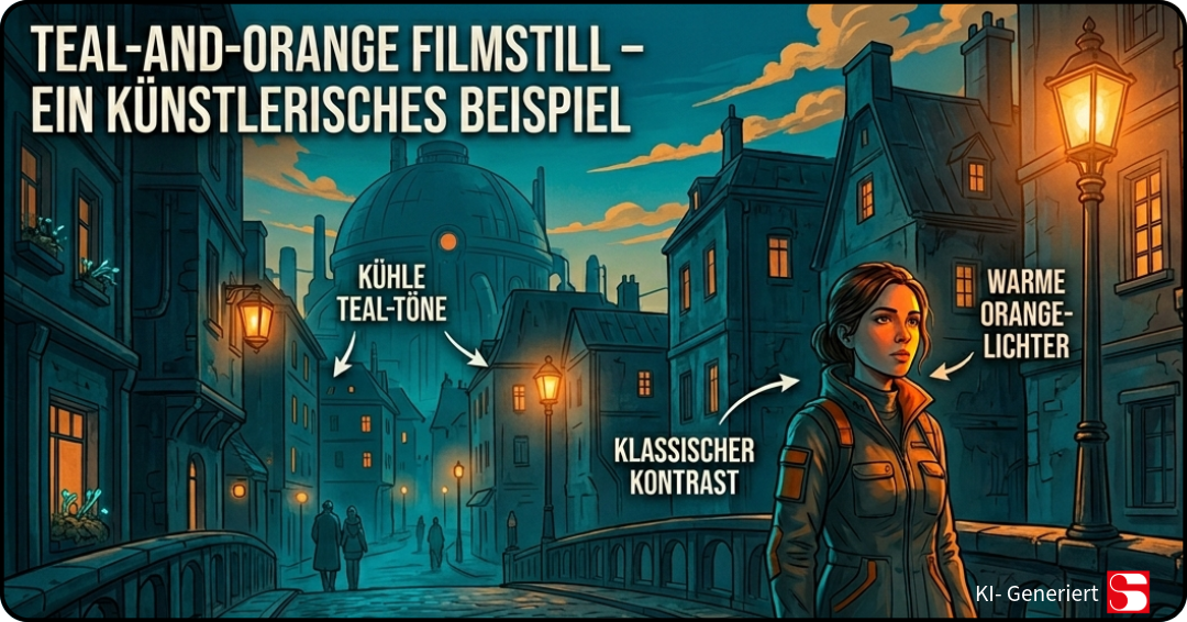 Beispiel Teal-and-Orange Filmstill (ki generiert) oder eigene Illustration