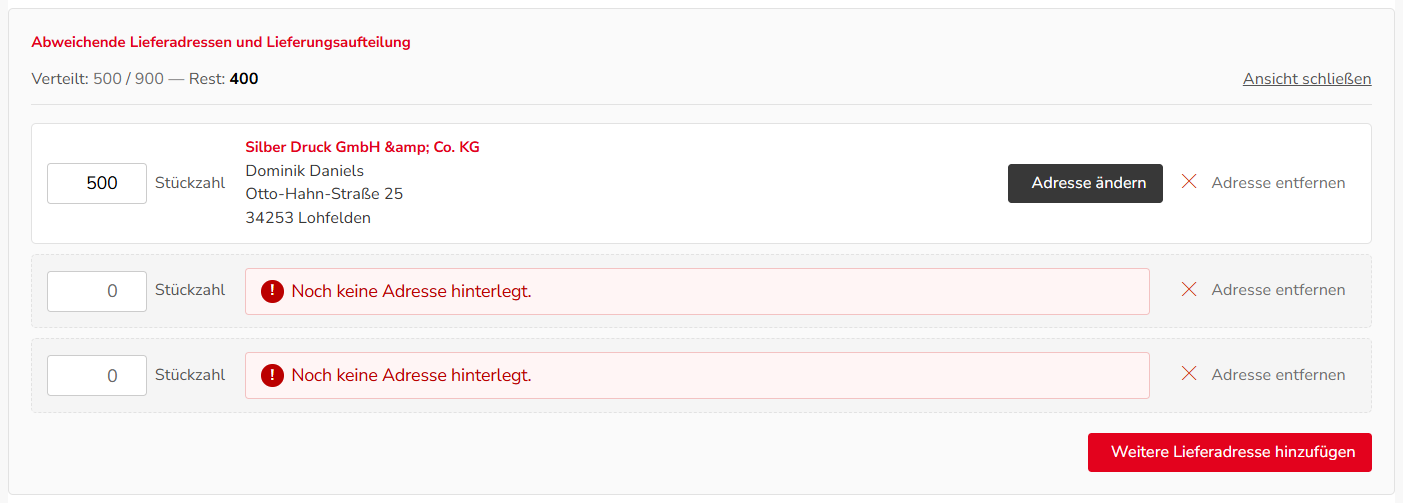 Erste Adresse hinterlegt, verteilt 500 von 900, Rest 400