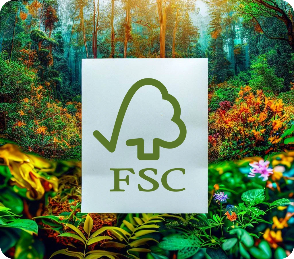 FSC-Papier in einem buntem Wald.