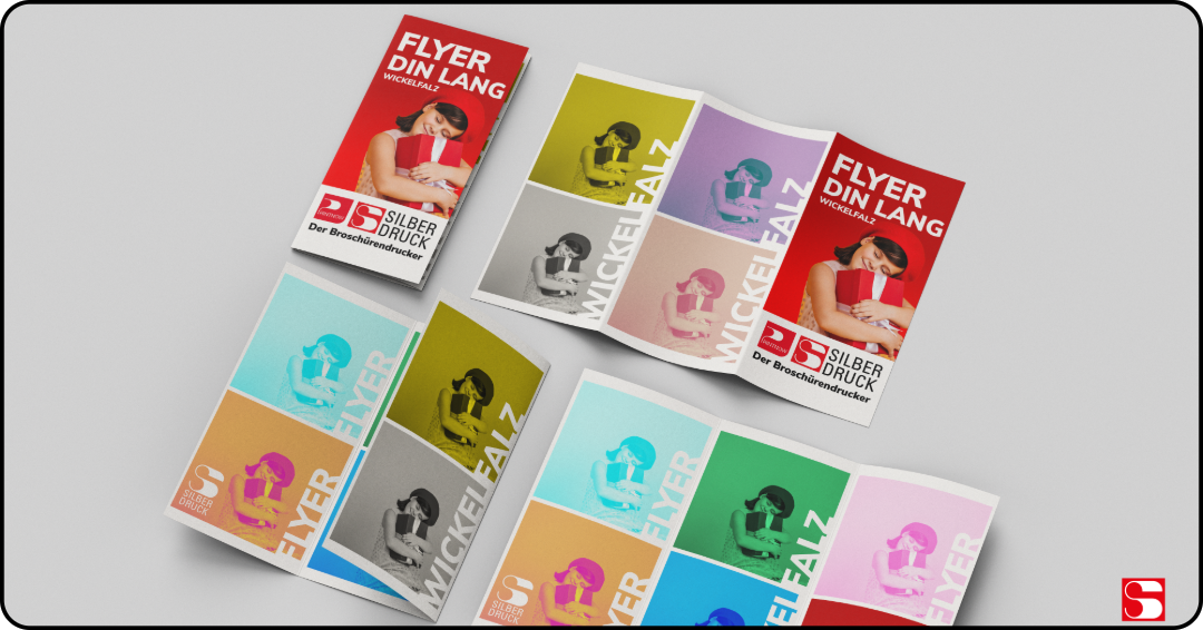Wickelfalz-Flyer drucken lassen – aufgeklappter 6-seitiger Flyer im Format DIN lang