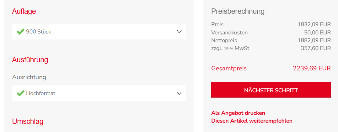 Preisberechnung mit 50 Euro Versandkosten bei 900 Stück an 3 Adressen