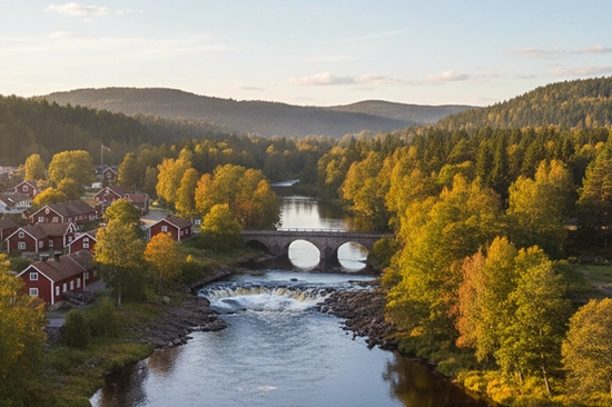 Illustration des idyllischen Dorfes Munkedal in Schweden