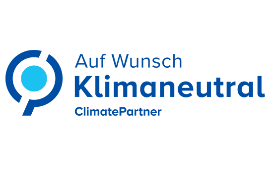 Logo von ClimatePartner. Der Schriftzug sagt: Auf Wunsch Klimaneutral