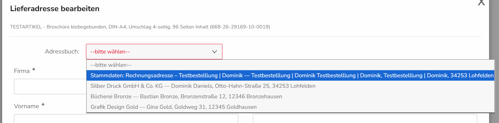 Adressbuch-Auswahl mit Stammdaten und gespeicherten Lieferadressen